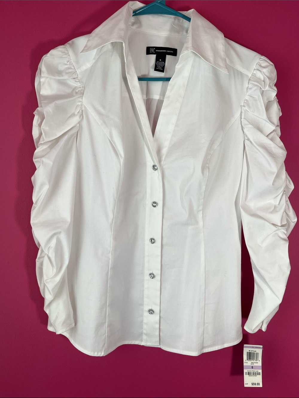 INC International Concepts White Ruched Sleeve Button-Down Blouse